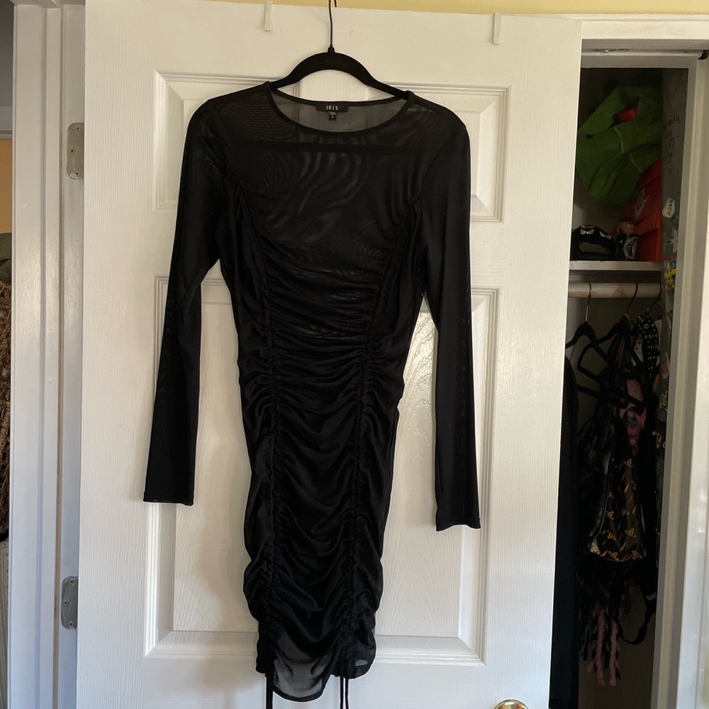 Black Adjustable Ruched Mesh Midi Dress